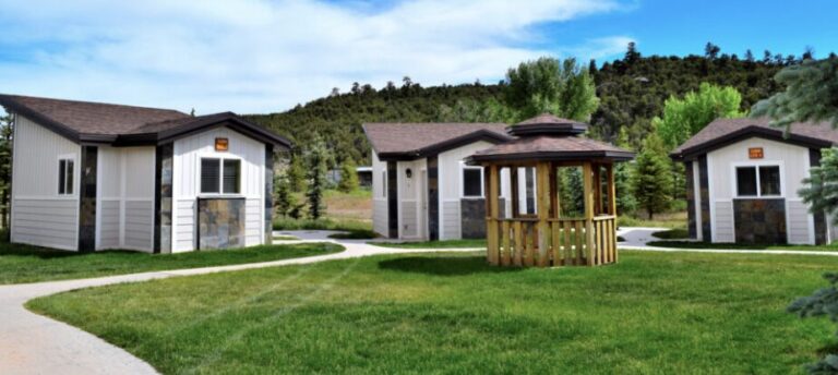 a series of cabins and a gazebo